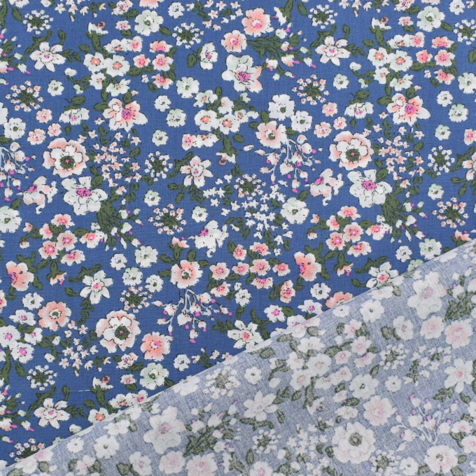 Tissu coton popeline Fleurs Helena, bleu denim