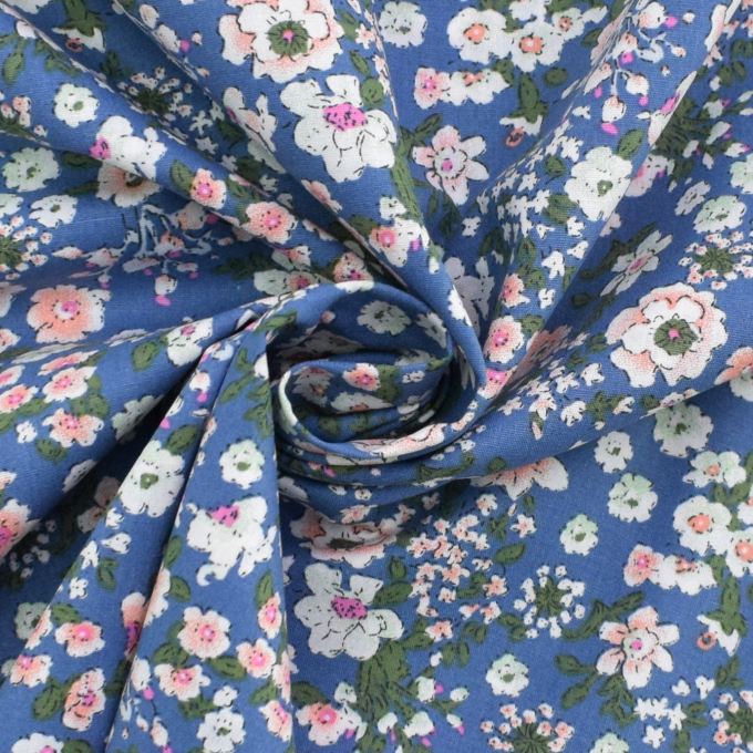 Tissu coton popeline Fleurs Helena, bleu denim