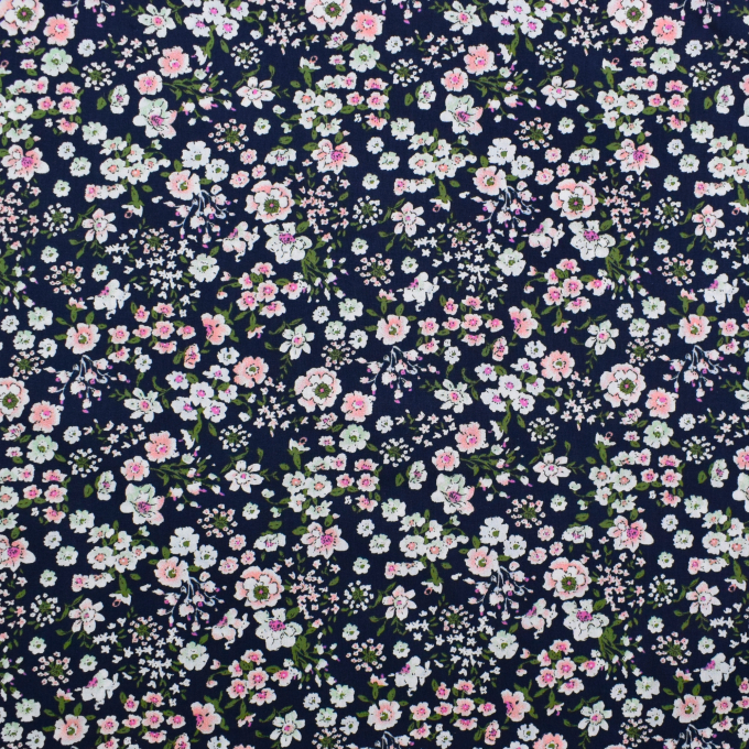 Tissu coton popeline Fleurs Helena, bleu marine
