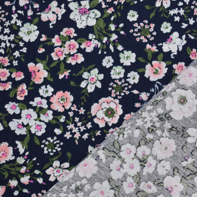 Tissu coton popeline Fleurs Helena, bleu marine