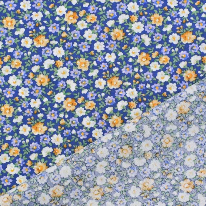 Tissu coton popeline Fleurs Julia, bleu denim
