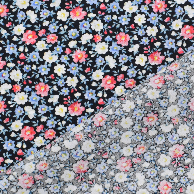 Tissu coton popeline Fleurs Julia, noir