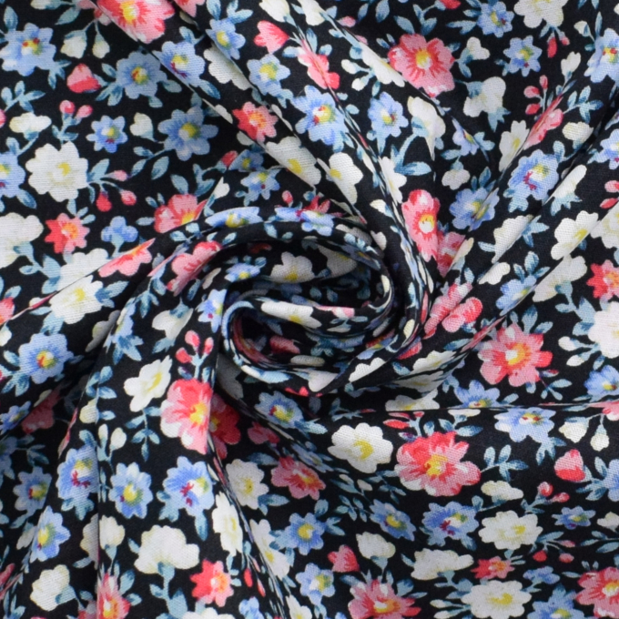 Tissu coton popeline Fleurs Julia, noir