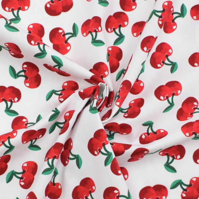 Tissu coton popeline Cerises, blanc