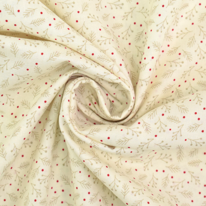 Tissu coton popeline petites branches de Noël, crème
