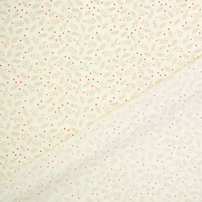 Tissu coton popeline petites branches de Noël, crème