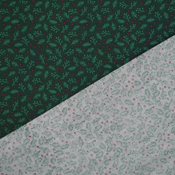 Tissu coton popeline petites branches de Noël, vert foncé
