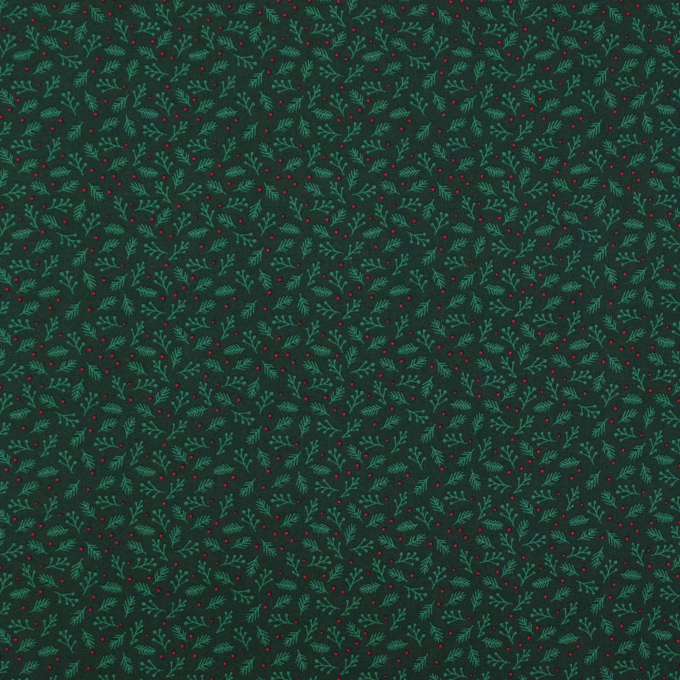 Tissu coton popeline petites branches de Noël, vert foncé