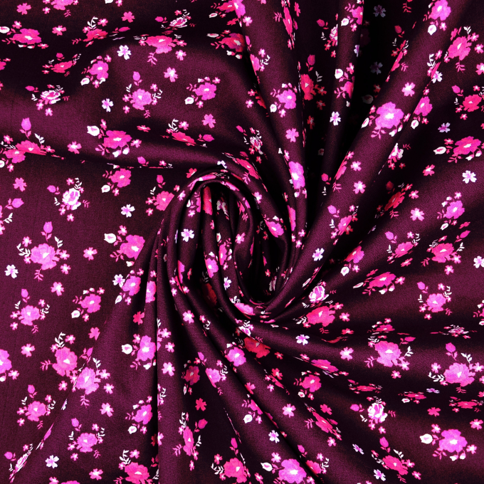 Tissu coton popeline petites fleurs Linnea, aubergine