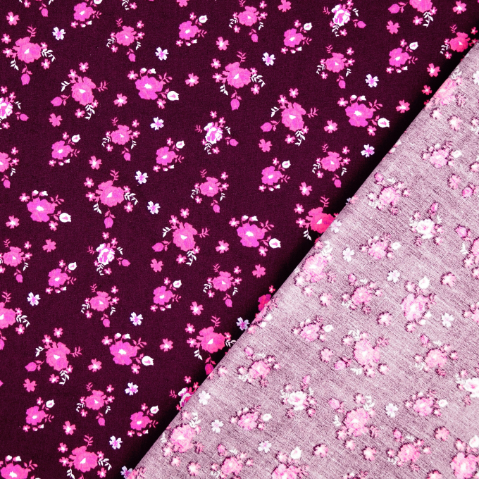 Tissu coton popeline petites fleurs Linnea, aubergine