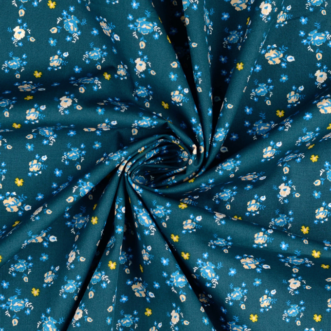 Tissu coton popeline Fleurs Linnea, bleu pétrole foncé