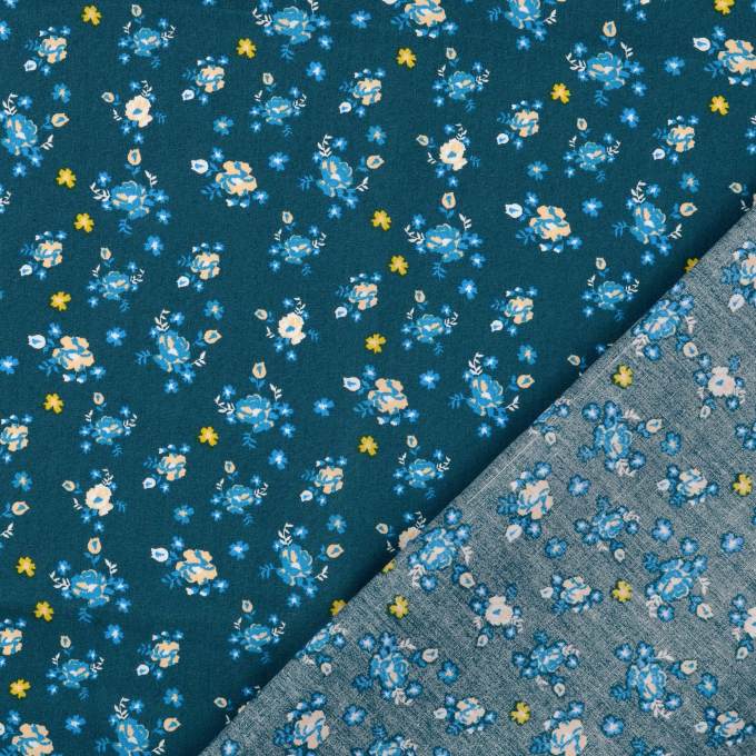 Tissu coton popeline Fleurs Linnea, bleu pétrole foncé