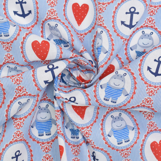 Baumwoll Popeline Lovely Hippo, hellblau