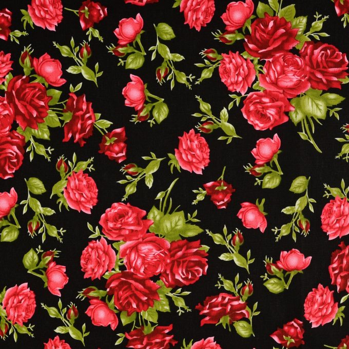 Tissu coton popeline Lovely Rose, noir - rouge