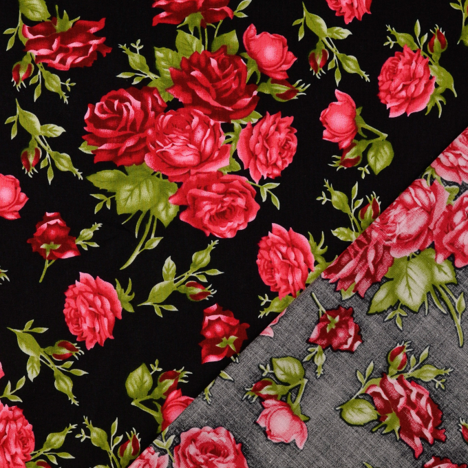 Tissu coton popeline Lovely Rose, noir - rouge