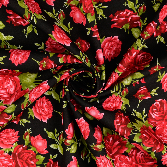Tissu coton popeline Lovely Rose, noir - rouge