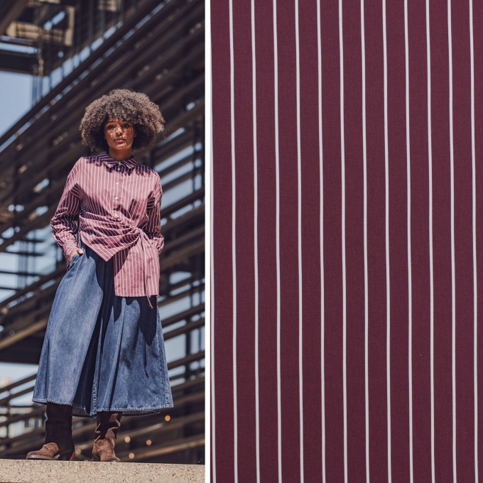 Cotton poplin Midi Stripes Fibre Mood, wine red