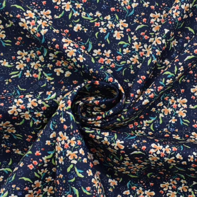 Tissu coton popeline Fleurs mini flowers, bleu marine