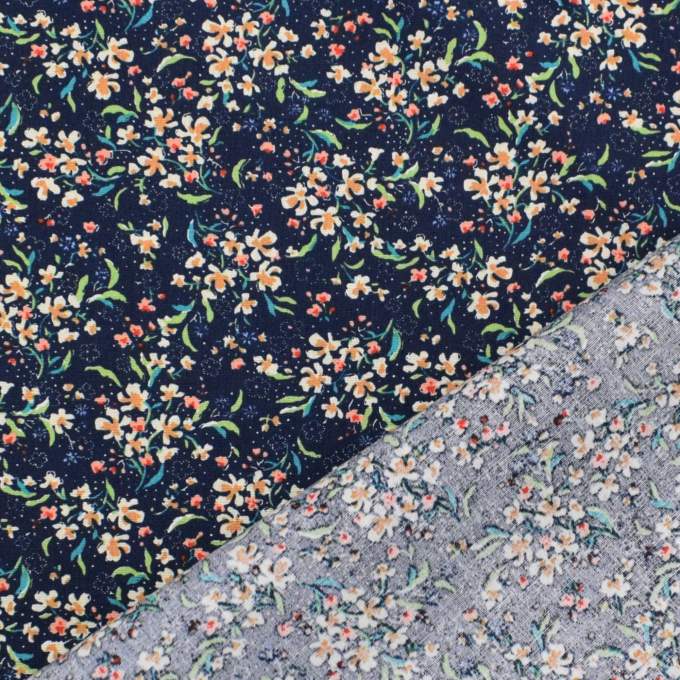 Tissu coton popeline Fleurs mini flowers, bleu marine