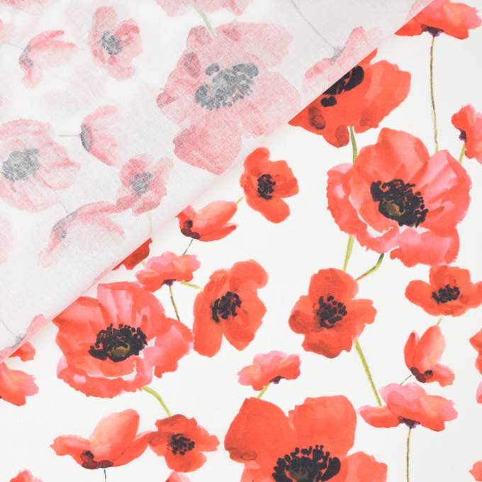 Tissu coton popeline Fleurs coquelicots, blanc