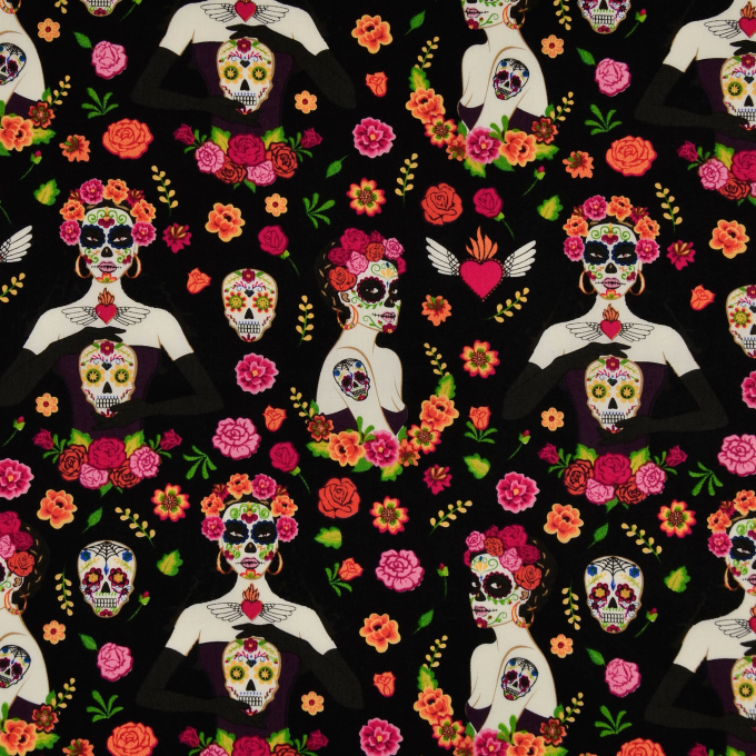 Tissu en coton Muertos Skulls, noir