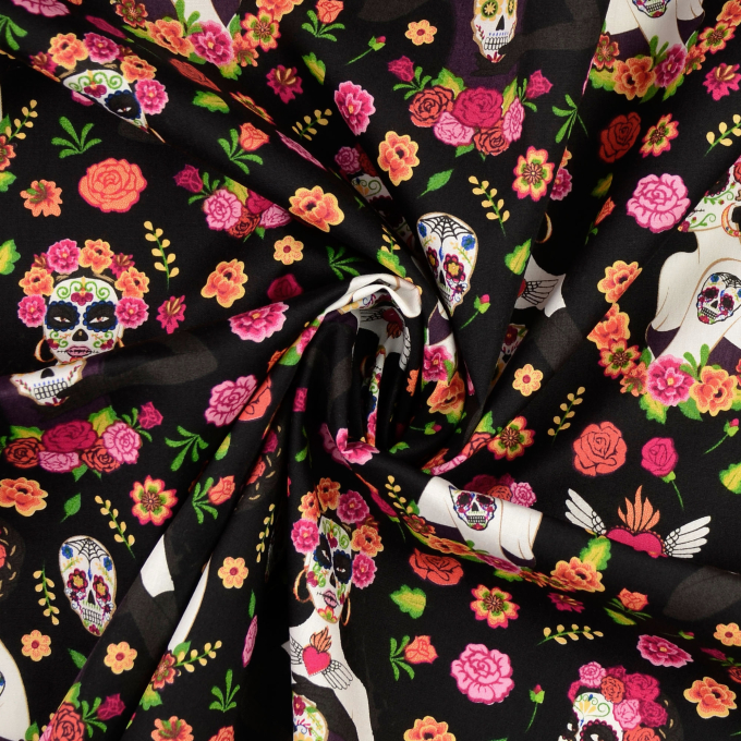 Tissu en coton Muertos Skulls, noir