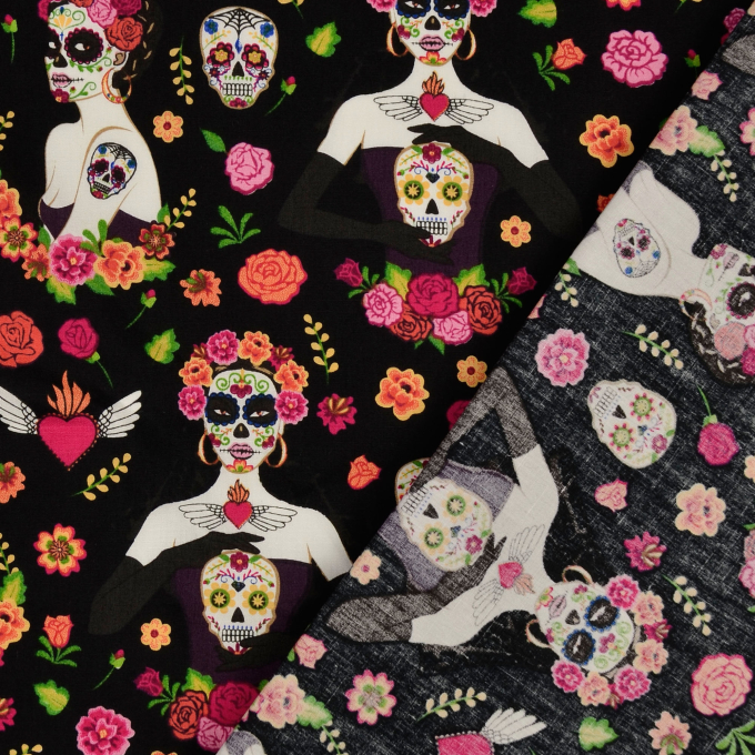 Tissu en coton Muertos Skulls, noir