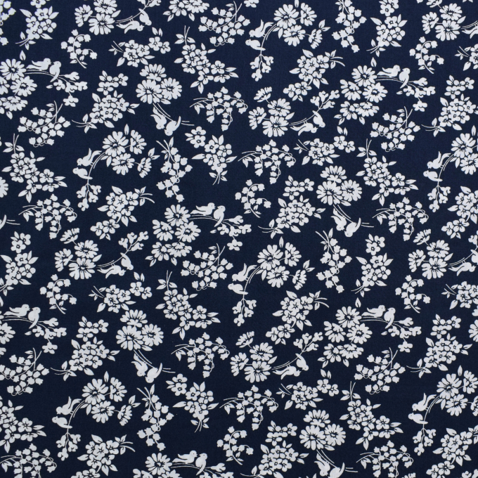 Katoen popeline Nature Flowers, marineblauw