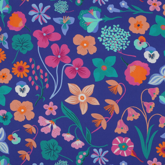 Tissu coton popeline Nerida Hansen Fleurs Meadow Flower, bleu