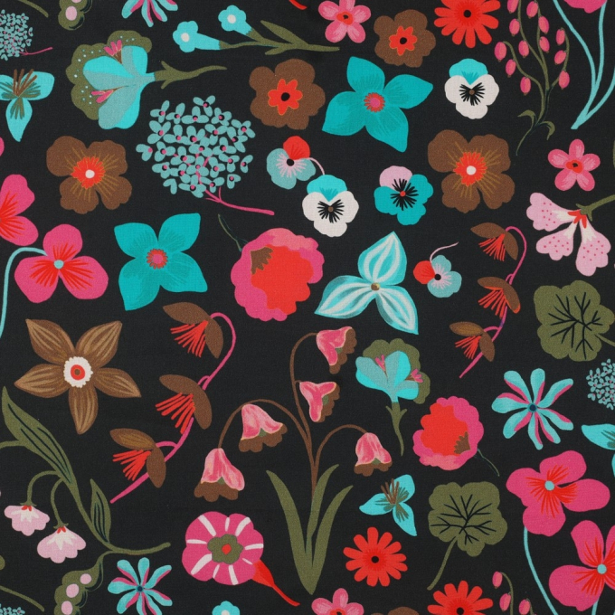 Tissu coton popeline Nerida Hansen Fleurs Meadow Flower, noir