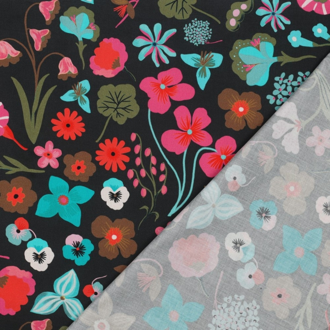 Tissu coton popeline Nerida Hansen Fleurs Meadow Flower, noir