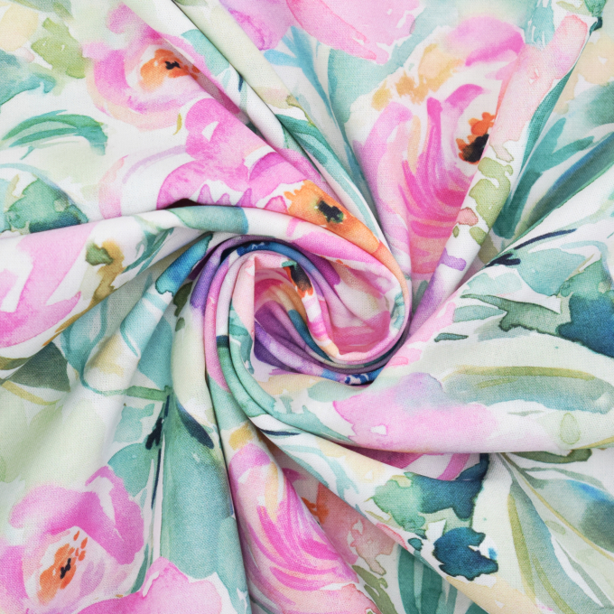 Katoenen popeline Pastel Flowers, wit
