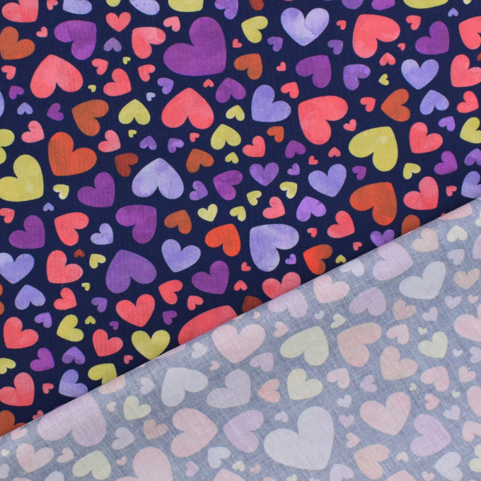 Tissu coton popeline Coeurs Raining heart, bleu marine