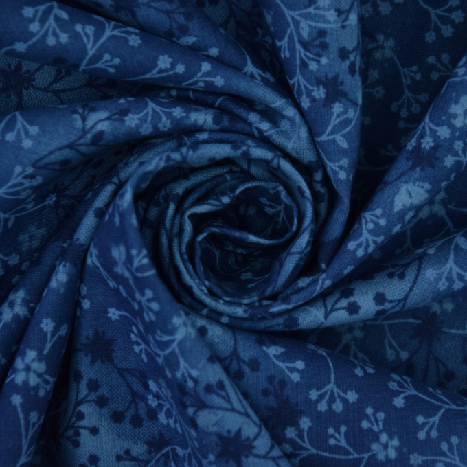 Tissu coton popeline fleurs de tilleul, bleu