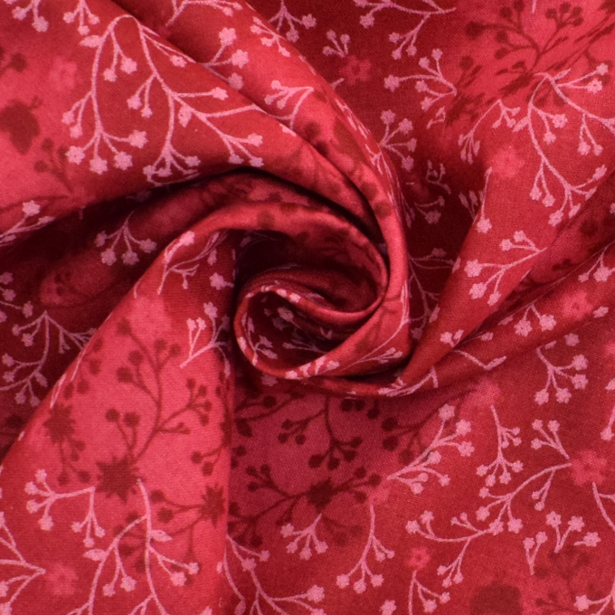 Tissu coton popeline fleurs de tilleul, rouge foncé