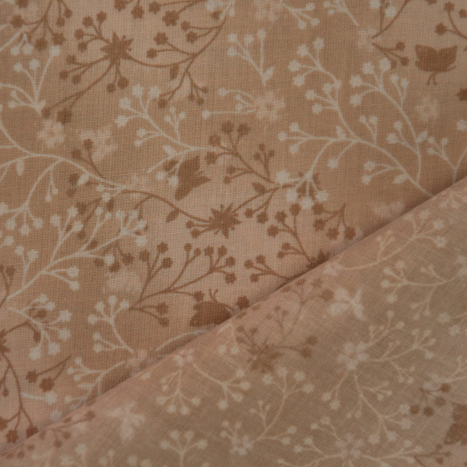 Tissu coton popeline fleurs de tilleul, beige marron