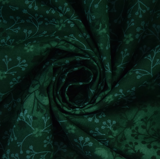 Tissu coton popeline fleurs de tilleul, vert foncé