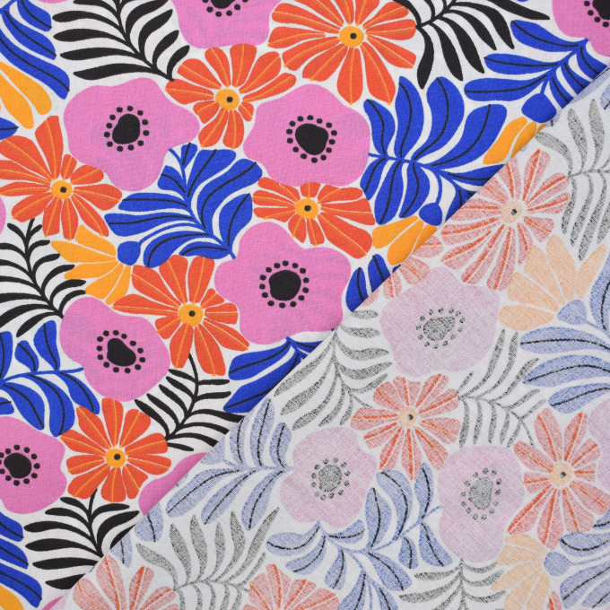 Popeline katoen retro flowers, wit