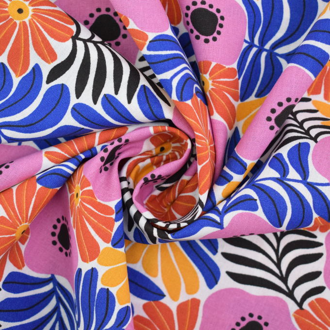Popeline katoen retro flowers, wit