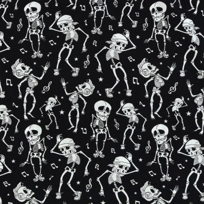 Tissu en coton rock n roll skeleton, noir
