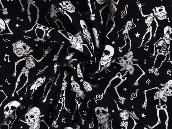 Tissu en coton rock n roll skeleton, noir