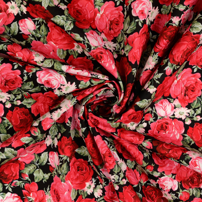 Tissu coton popeline Lovely Dream, noir - rouge