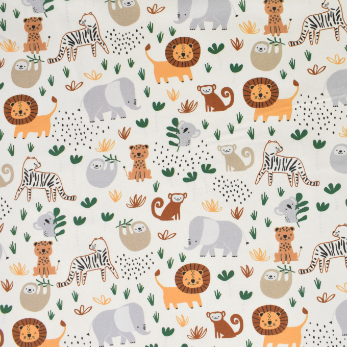 Tissu coton popeline Animaux sauvages Jungle Safari, blanc cassé