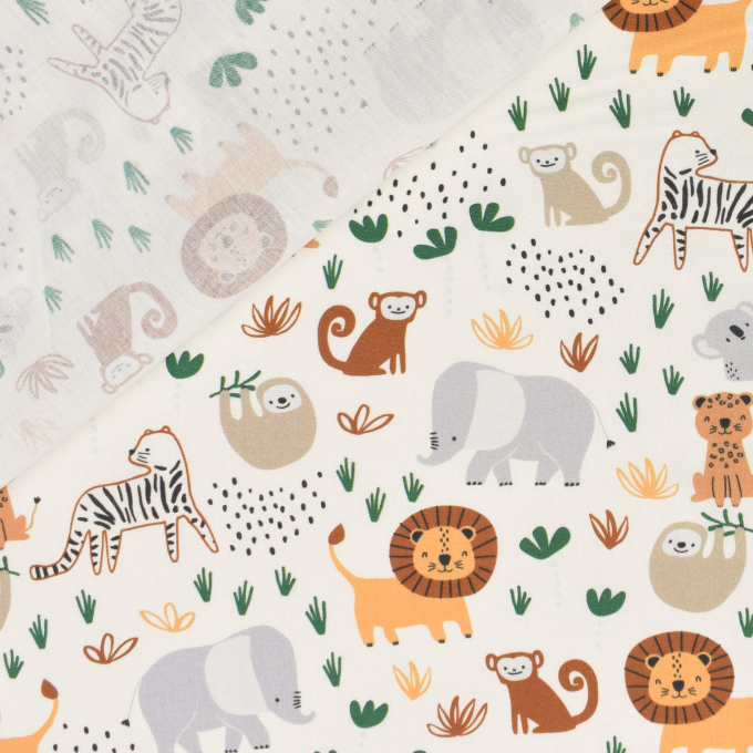 Tissu coton popeline Animaux sauvages Jungle Safari, blanc cassé