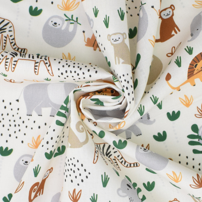 Tissu coton popeline Animaux sauvages Jungle Safari, blanc cassé