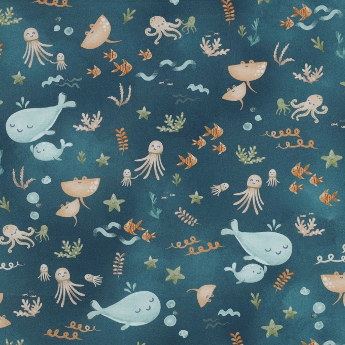 Baumwoll Popeline Sea Animals, petrol