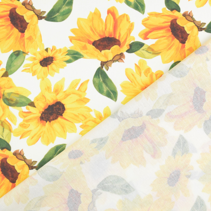 Tissu coton popeline Fleurs Tournesols, blanc