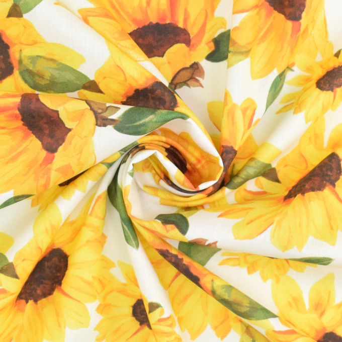 Tissu coton popeline Fleurs Tournesols, blanc