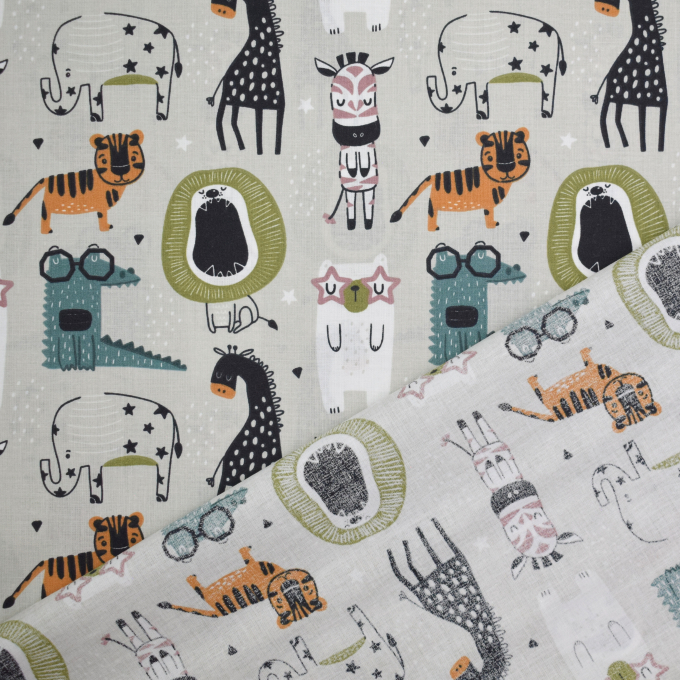 Baumwoll Popeline Sweet Animals, hellgrau