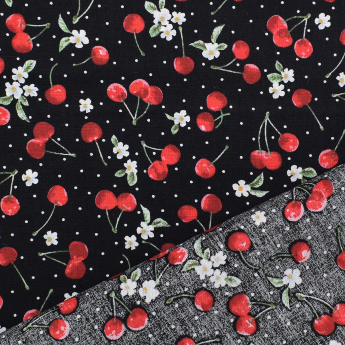 Tissu coton popeline Cerises Sweet Cherry, noir
